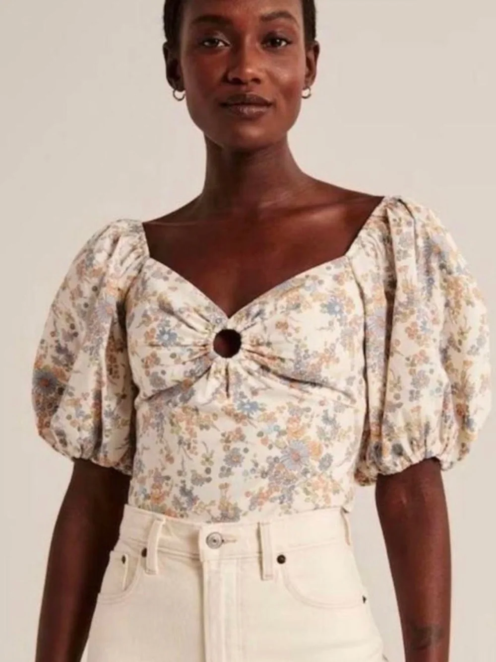 Abercrombie & Fitch Women’s White Floral Puff Sleeve Top, Size Medium